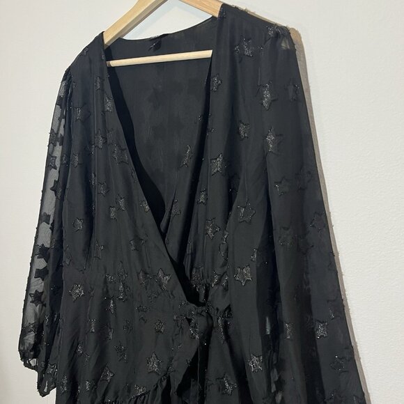 Torrid 2 Top Lurex Star Surplice Ruffle Hem Black Plus Size 2X V Neck Long Slv - Picture 5 of 14